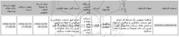 مناقصه عمومی یک مرحله ای انجام امور خدمات حفاظتی و مراقبتی از اموال و دارایی های شرکت زغالسنگ البرز غربی (در حال تصفیه) در محدوده معدن سنگرود