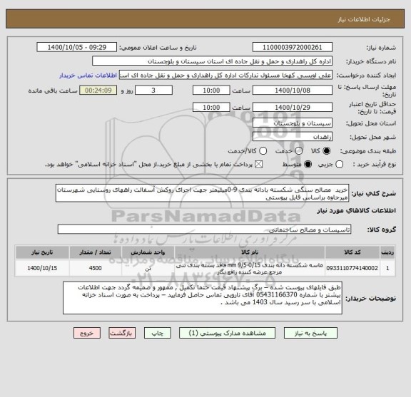 استعلام خرید  مصالح سنگی شکسته بادانه بندی 9-0میلیمتر جهت اجرای روکش آسفالت راههای روستایی شهرستان میرجاوه براساس فایل پیوستی