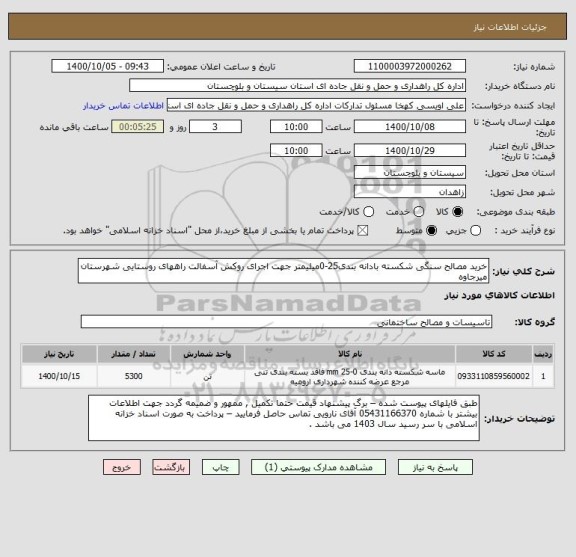 استعلام خرید مصالح سنگی شکسته بادانه بندی25-0میلیمتر جهت اجرای روکش آسفالت راههای روستایی شهرستان میرجاوه