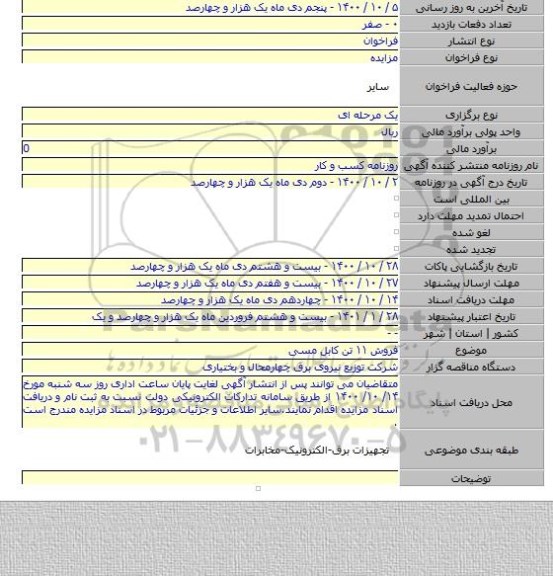 فروش ۱۱ تن کابل مسی