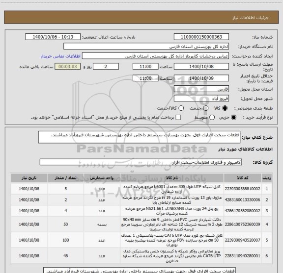 استعلام قطعات سخت افزاری فوق ،جهت بهسازی سیستم داخلی اداره بهزیستی شهرستان فیروزآباد میباشند.