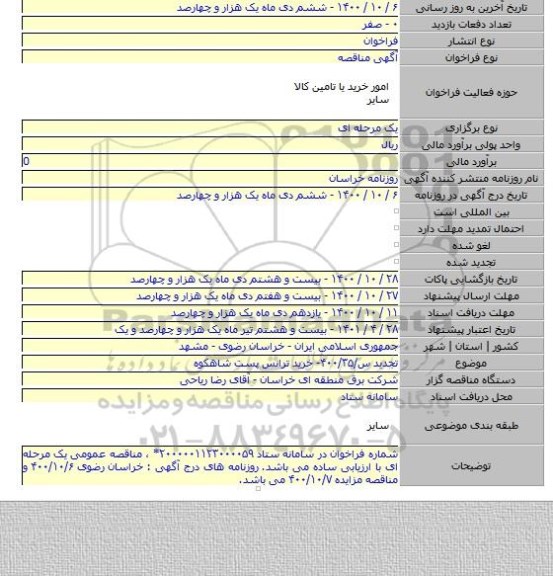 تجدید س/۴۰۰/۳۵- خرید ترانس پست شاهکوه