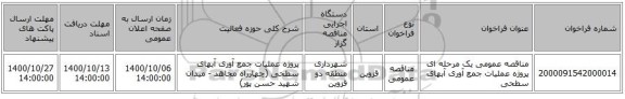 مناقصه عمومی یک مرحله ای پروژه عملیات جمع آوری آبهای سطحی 