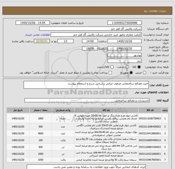 استعلام خرید مصالح ساختمانی مرغوب ایرانی براساس شرح و استعلام پیوست