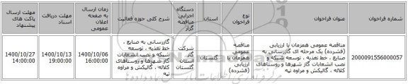 مناقصه عمومی همزمان با ارزیابی (فشرده) یک مرحله ای گازرسانی به صنایع ، خط تغذیه ، توسعه شبکه و نصب انشعابات گاز شهرها و روستاهای کلاله ، گالیکش و مراوه تپه 