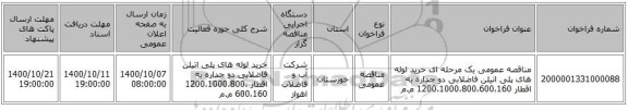 مناقصه عمومی یک مرحله ای خرید لوله های پلی اتیلن فاضلابی دو جداره به اقطار 1200،1000،800،600،160 م.م 