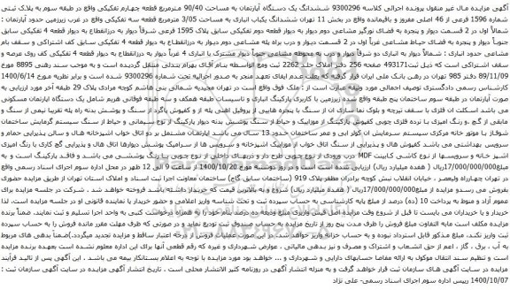 آگهی مزایده ششدانگ یک دستگاه آپارتمان به مساحت 90/40 مترمربع قطعه چهارم تفکیکی