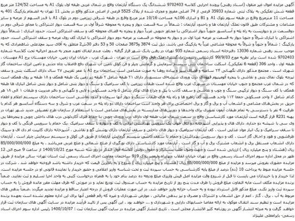 آگهی مزایده ششدانگ یک دستگاه آپارتمان واقع در شمال غربی طبقه اول بلوک A1 به مساحت 124/52 متر مربع