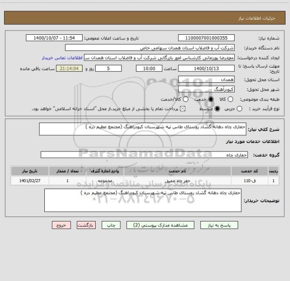 استعلام حفاری چاه دهانه گشاد روستای طاس تپه شهرستان کبودراهنگ (مجتمع عظیم دره )