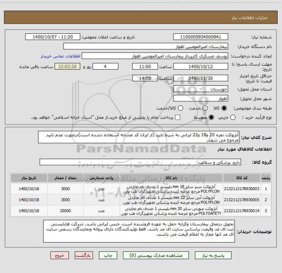 استعلام آنژیوکت نمره 20 و18 و22 ایرانی به شرط تایید (از ایران کد مشابه استفاده دشده است)درصورت عدم تایید مرجوع می شوند. 