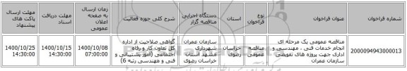 مناقصه عمومی یک مرحله ای انجام خدمات فنی ، مهندسی و اداری جهت پروژه های تفویضی سازمان عمران