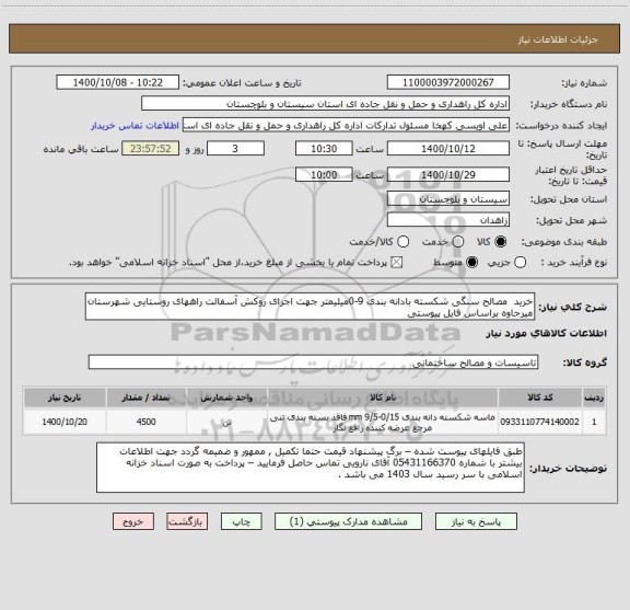 استعلام خرید  مصالح سنگی شکسته بادانه بندی 9-0میلیمتر جهت اجرای روکش آسفالت راههای روستایی شهرستان میرجاوه براساس فایل پیوستی