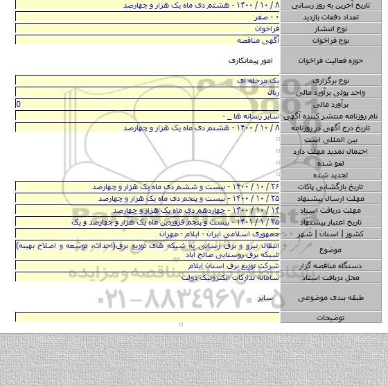 انتقال نیرو و برق رسانی به شبکه های توزیع برق(احداث، توسعه و اصلاح بهینه) شبکه برق روستایی صالح آباد