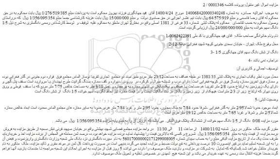 مزایده،مزایده فروش  یکباب تجاری به پلاک ثبتی 1381/33 در طبقه همکف به مساحت23/12 متر مربع 