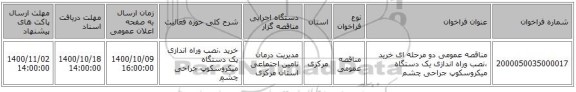 مناقصه عمومی دو مرحله ای خرید ،نصب وراه اندازی یک دستگاه میکروسکوپ جراحی چشم 