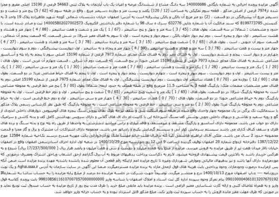 آگهی مزایده سه دانگ مشاع از ششدانگ عرصه و اعیان یک باب آپارتمان به پلاک ثبتی 54663 فرعی از 15190 اصلی