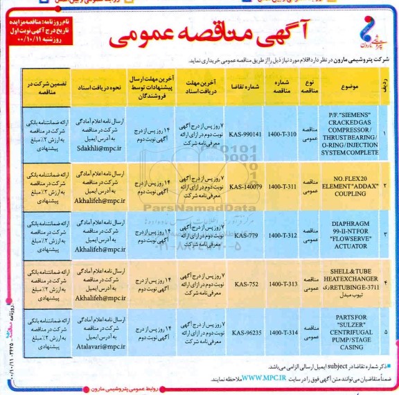 مناقصهP/F:SIEMENS CRACKEDGAS  و...