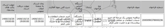 مناقصه عمومی یک مرحله ای خرید خدمات انتظامات و حفاظت فیزیکی بیمارستان نور و حضرت علی اصغر