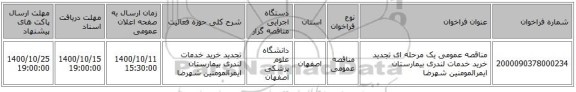 مناقصه عمومی یک مرحله ای تجدید خرید خدمات لندری بیمارستان ایمرالمومنین شهرضا