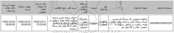 مناقصه عمومی یک مرحله ای تجدید اجرای برنامه تامین و ارتقا مراقبت های اولیه سلامت در مناطق شهری با جمعیت بالاتر از 20 هزار نفر 