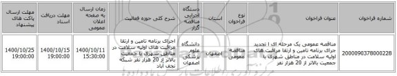 مناقصه عمومی یک مرحله ای ا تجدید جرای برنامه تامین و ارتقا مراقبت های اولیه سلامت در مناطق شهری با جمعیت بالاتر از 20 هزار نفر 