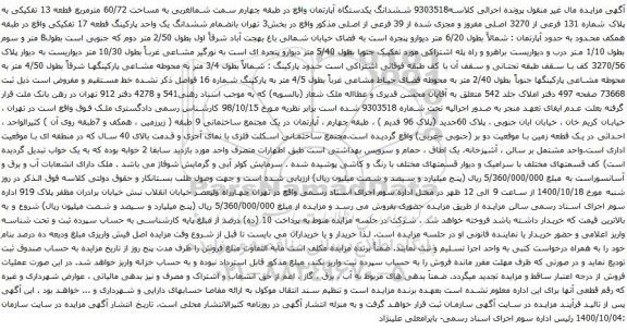 آگهی مزایده ششدانگ یکدستگاه آپارتمان واقع در طبقه چهارم سمت شمالغربی به مساحت 60/72 مترمربع 