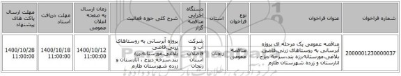 مناقصه عمومی یک مرحله ای پروژه آبرسانی به روستاهای زرنی،قاضی بلاغی،مورستانه،رزه بند،سرخه دیزج ، انارستان و زرده شهرستان طارم