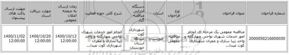 مناقصه عمومی یک مرحله ای انجام امور خدمات شهری نواحی چهارگانه و واحد زیبا سازی و عمران شهرداری کوت عبدا...