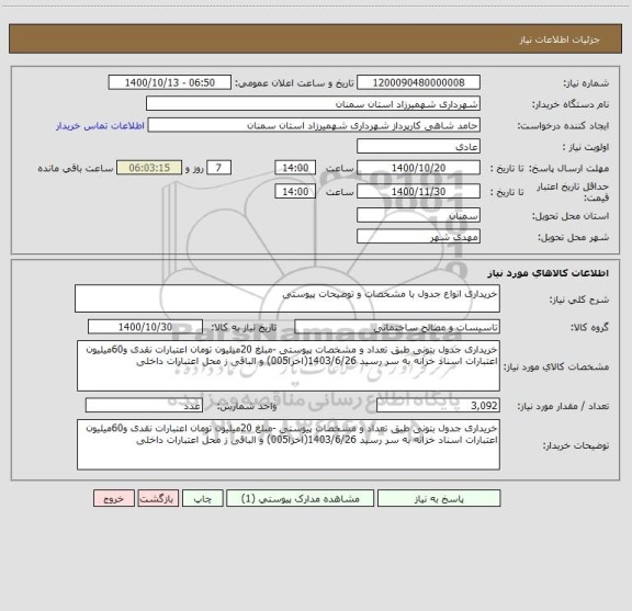 استعلام خریداری انواع جدول با مشخصات و توضیحات پیوستی