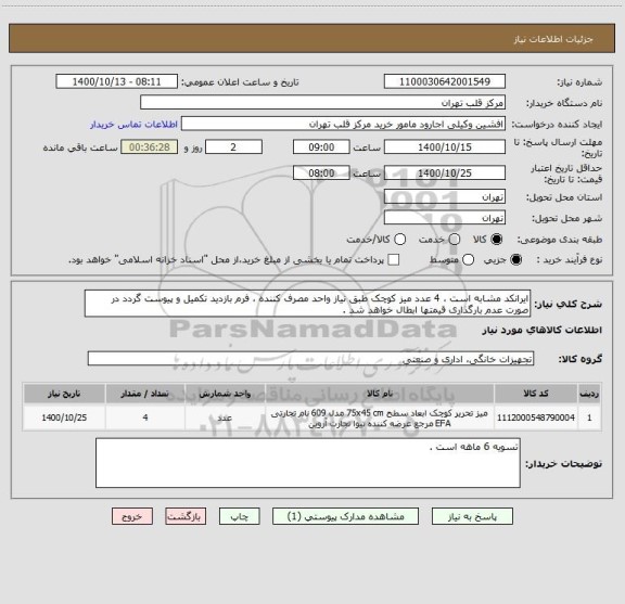 استعلام ایرانکد مشابه است ، 4 عدد میز کوچک طبق نیاز واحد مصرف کننده ، فرم بازدید تکمیل و پیوست گردد در صورت عدم بارگذاری قیمتها ابطال خواهد شد .