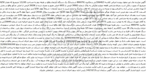 آگهی مزایده ششدانگ یک دستگاه آپارتمان واقع در طبقه دوم به مساحت 121/65 مترمربع