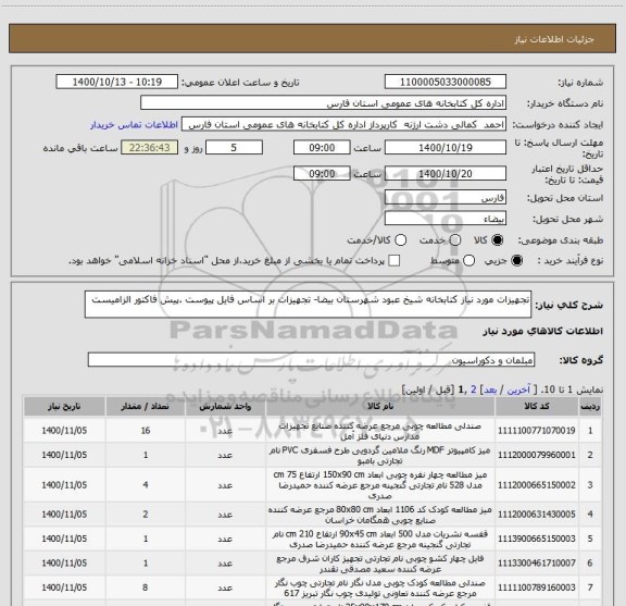 استعلام تجهیزات مورد نیاز کتابخانه شیخ عبود شهرستان بیضا- تجهیزات بر اساس فایل پیوست .پیش فاکتور الزامیست 