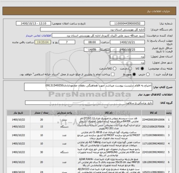 استعلام احتیاج به اقلام درلیست پیوست میباشد جهت هماهنگی دهقان محمودابادی09131549350