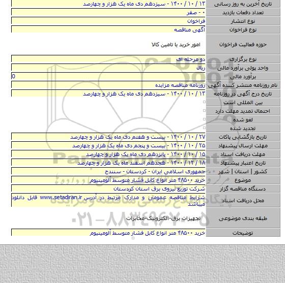 خرید ۴۸۵۰۰ متر انواع کابل فشار متوسط آلومینیوم