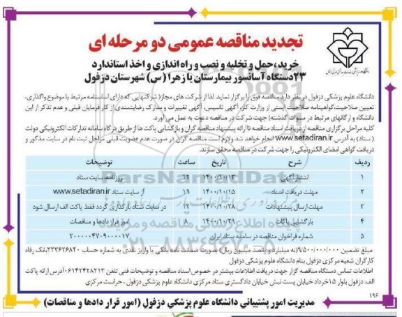 تجدید مناقصه خرید،حمل و تخلیه و نصب و راه اندازی و اخذ استاندارد 23 دستگاه آسانسور 