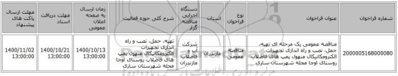 مناقصه عمومی یک مرحله ای تهیه، حمل، نصب و راه اندازی تجهیزات الکترومکانیکال منهول پمپ های فاضلاب روستای اوجا محله شهرستان ساری 