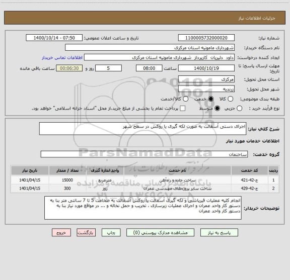 استعلام اجرای دستی آسفالت به صورت لکه گیری یا روکش در سطح شهر