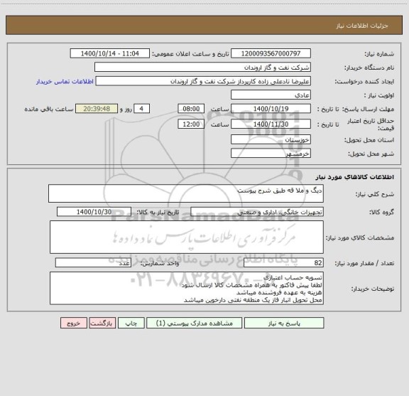 استعلام دیگ و ملا قه طبق شرح پیوست