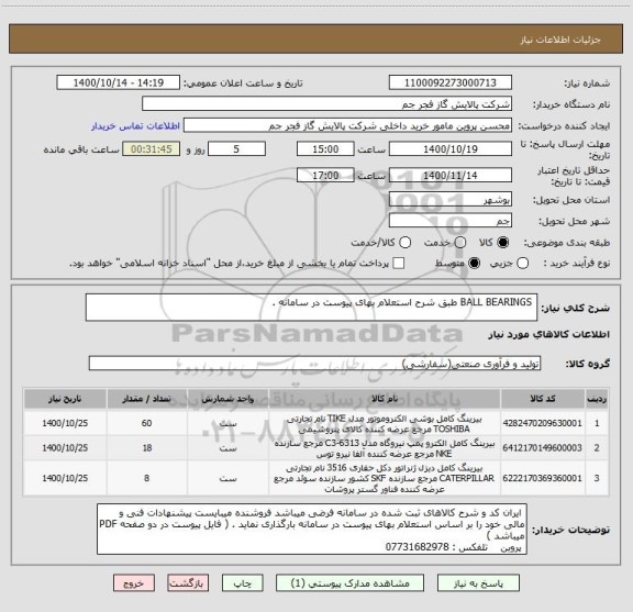 استعلام  BALL BEARINGS طبق شرح استعلام بهای پیوست در سامانه . 