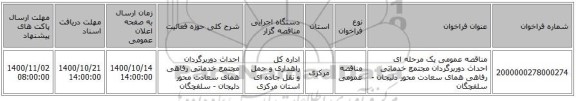 مناقصه عمومی یک مرحله ای احداث دوربرگردان مجتمع خدماتی رفاهی همای سعادت محور دلیجان - سلفچگان