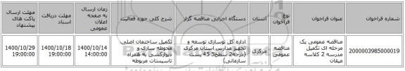 مناقصه عمومی یک مرحله ای تکمیل مدرسه 2 کلاسه میقان