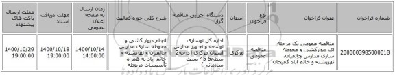 مناقصه عمومی یک مرحله ای دیوارکشی و محوطه سازی مدارس چالمیان، نهرپشته و خاتم آباد کمیجان