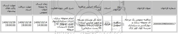 مناقصه عمومی یک مرحله ای محوطه سازی و دیوارکشی و سرایداری مدرسه کوی کوثر اراک