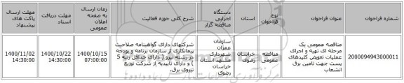 مناقصه عمومی یک مرحله ای تهیه و اجرای عملیات تعویض کلیدهای پست جهت تامین برق انشعاب 