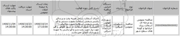 مناقصه عمومی دو مرحله ای آسفالت ریزی خیابانها و کوچه های سطح شهر 