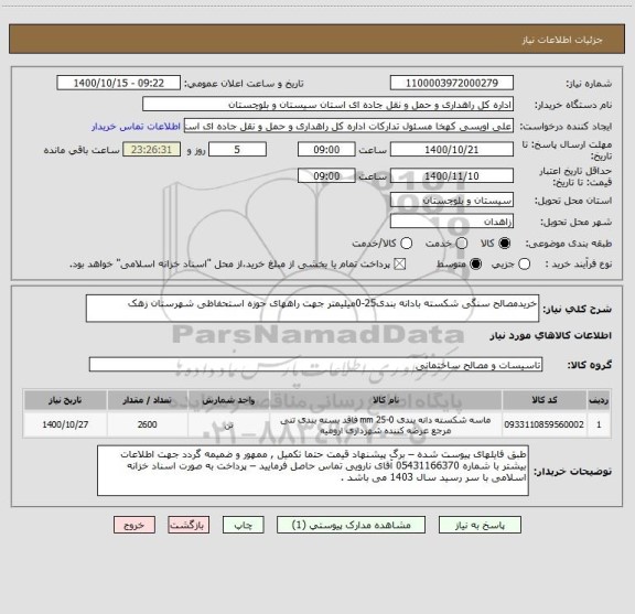 استعلام خریدمصالح سنگی شکسته بادانه بندی25-0میلیمتر جهت راههای حوزه استحفاظی شهرستان زهک