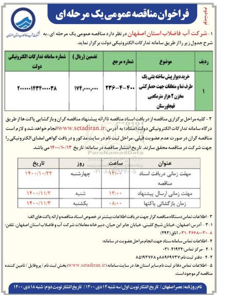 مناقصه، مناقصه خرید دیوار پیش ساخته بتنی یک طرف نما و متعلقات