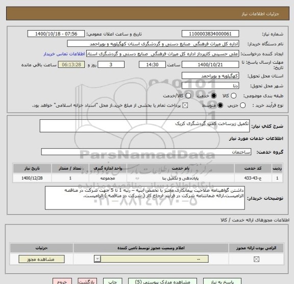 استعلام تکمیل زیرساخت کمپ گردشگری کریک