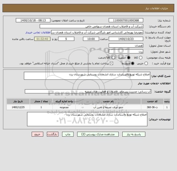 استعلام اصلاح شبکه توزیع واستاندارد سازی انشعابات روستایی شهرستان رزن 