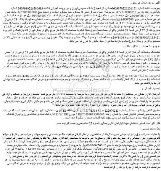 مزایده،مزایده فروش  ششدانگ یکدستگاه آپارتمان اداری پلاک ثبتی 53 فرعی از 19 اصلی مفروز و مجزی شده از 27 فرعی قطعه 23 تفکیکی  